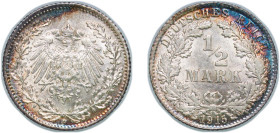 Germany Second Empire 1915 D ½ Mark - Wilhelm II (type 2 - small shield) Silver (.900) Munich Mint (5116532) 2.79g UNC KM 17 AKS 6 J 16 Schön 17