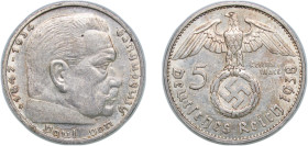 Germany Third Reich 1938 G 5 Reichsmark (Paul von Hindenburg) Silver (.900) Karlsruhe Mint (860700) 13.78g AU KM 94 AKS 28 J 367 Schön 91