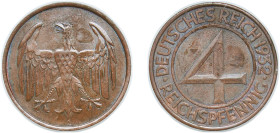 Germany Weimar Republic 1932 A 4 Reichspfennig Bronze Berlin Mint (27100599) 5.06g AU KM 75 AKS 52 J 315 Schön 38