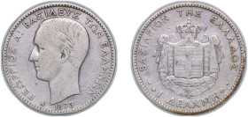 Greece Kingdom 1873 A 1 Drachme - George I (1st portrait) Silver (.835) Paris Mint (1802000) 4.87g VF KM 38