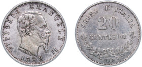 Italy Kingdom 1863 M BN 20 Centesimi - Victor Emmanuel II Silver (.835) Milan Mint (27844963) 1g AU KM 13