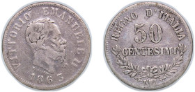 Italy Kingdom 1863 N BN 50 Centesimi - Victor Emmanuel II Silver (.835) Naples Mint (16062339) 2.57g VF KM 14