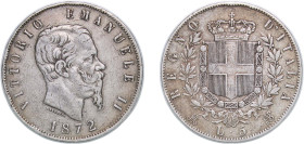 Italy Kingdom 1872 M BN 5 Lire - Victor Emmanuel II Silver (.900) Milan Mint (7093156) 24.89g VF KM 8