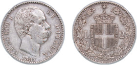 Italy Kingdom 1887 R 2 Lire - Umberto I Silver (.835) Rome Mint (7500000) 9.63g XF KM 23