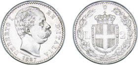 Italy Kingdom 1887 R 2 Lire - Umberto I Silver (.835) Rome Mint (7500000) 9.97g XF Cleaned KM 23