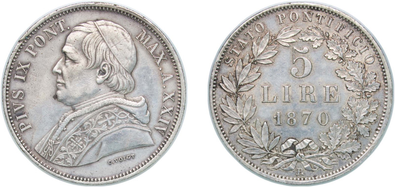 Italy Papal States Italian states 1870 R 5 Lire - Pius IX Silver (.900) Rome Min...