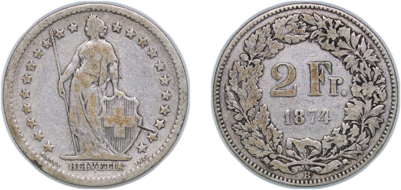 Switzerland Federal State 1874 B 2 Francs (Helvetia standing; silver) Silver (.8...