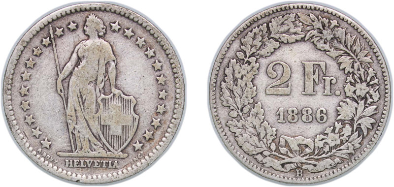 Switzerland Federal State 1886 B 2 Francs (Helvetia standing) Silver (.835) Bern...