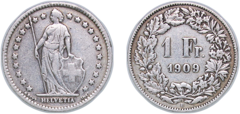 Switzerland Federal State 1909 B 1 Franc (Helvetia standing) Silver (.835) Bern ...