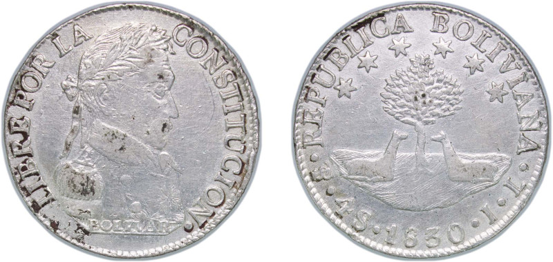 Bolivia Republic 1830 PTS JL 4 Soles Silver (.667) Potosi Mint 13.21g XF KM 96a