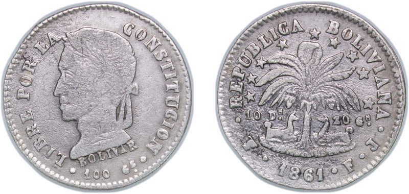 Bolivia Republic 1861 PTS FJ 2 Soles Silver (.903) Potosi Mint 4.87g VF Corrosio...