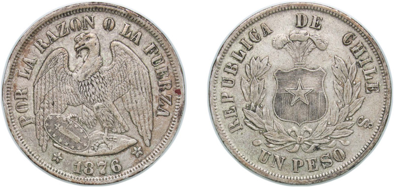 Chile Republic 1876 So 1 Peso Silver (.900) Santiago Mint (1508000) 25.09g VF KM...