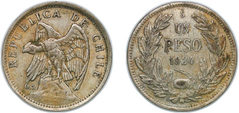 Chile Republic 1924 So 1 Peso (medal alignment) Silver (.500) Santiago Mint 9g X...