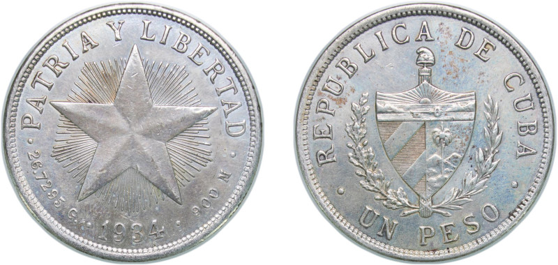 Cuba First Republic 1934 1 Peso Silver (.900) Philadelphia Mint (3000000) 26.73g...