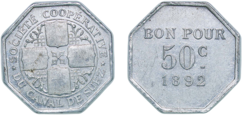 Egypt 1892 50 Centimes - Société Coopérative du Canal de Suez Aluminium 1.48g UN...