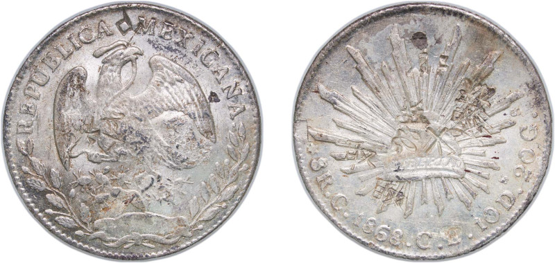 Mexico Federal Republic 1868 C CE 8 Reales Silver (.903) Culiacán Mint 26.82g AU...