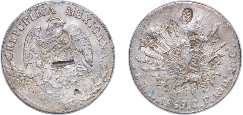 Mexico Federal Republic 1869 Do CP 8 Reales Silver (.903) Durango Mint 27.04g XF...