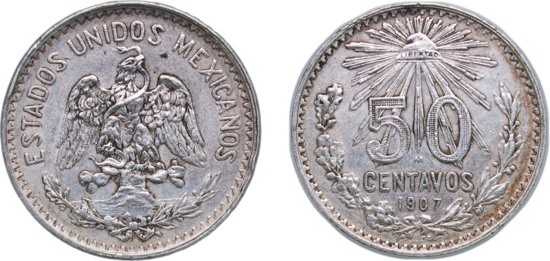 Mexico United Mexican States 1907 M 50 Centavos Silver (.800) Mexico City Mint (...