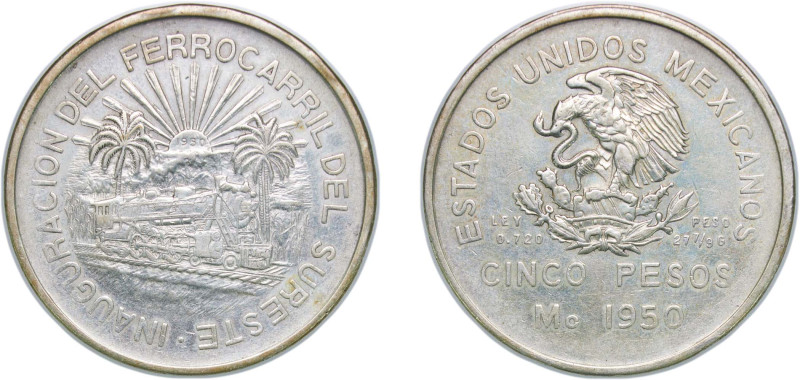 Mexico United Mexican States 1950 Mo 5 Pesos (Southeastern Railroad) Silver (.72...