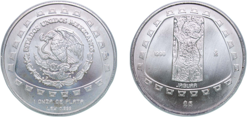 Mexico United Mexican States 1998 Mo 5 Pesos (Jaguar - 1 oz Silver Bullion) Silv...