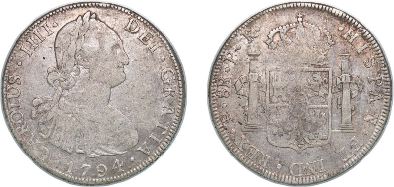 Bolivia Spanish colony 1794 PTS PR 8 Reales - Charles IV Silver (.896) Potosi Mi...