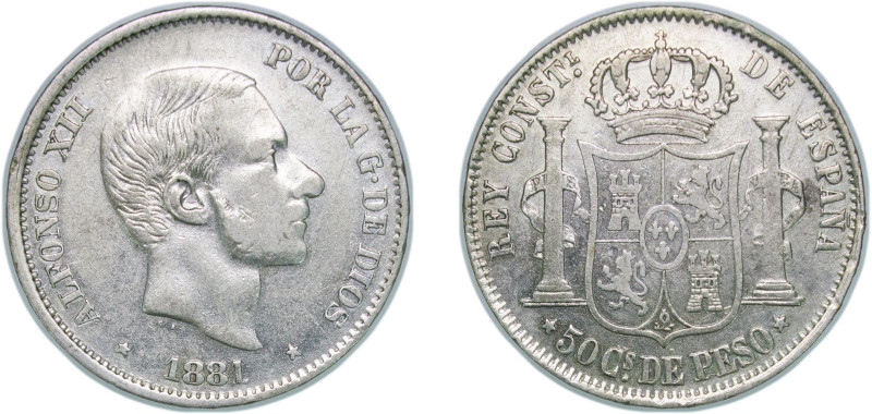 Philippines Spanish colony 1881 50 Centavos - Alfonso XII Silver (.835) Manila M...