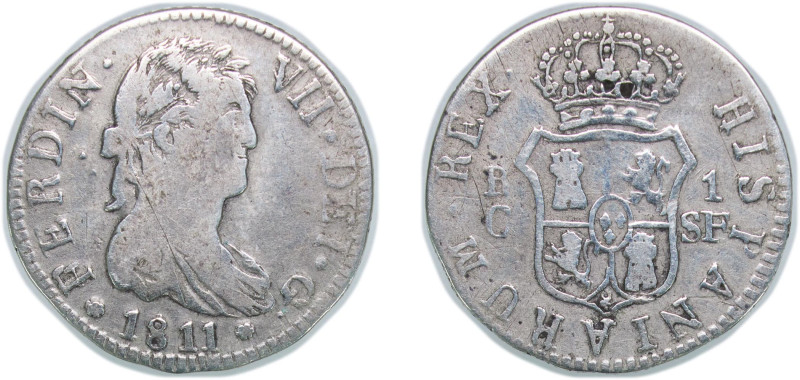 Spain Kingdom 1811 C SF 1 Real - Ferdinand VII (Laureate bust; DEI · G ·) Silver...