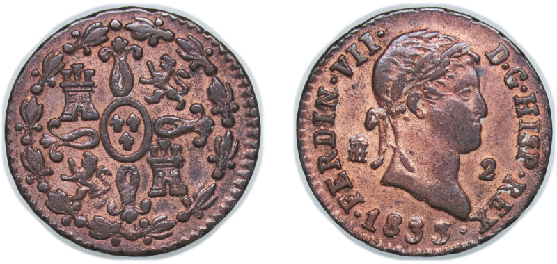 Spain Kingdom 1833 2 Maravedis - Ferdinand VII Copper Segovia Mint 2.35g AU KM 4...