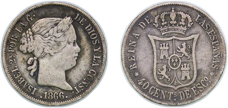 Spain Kingdom 1866 40 Centimos de Escudo - Isabel II Silver (.810) Seville Mint ...