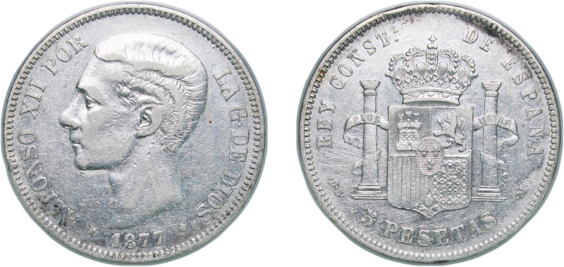 Spain Kingdom 1877 *18-77 DEM 5 Pesetas - Alfonso XII (2nd portrait) Silver (.90...