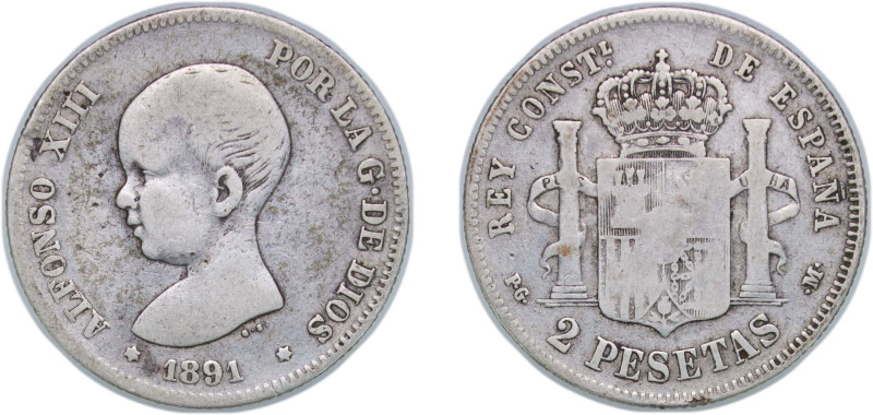 Spain Kingdom 1891 PGM 2 Pesetas - Alfonso XIII (1st portrait) Silver (.835) Mad...