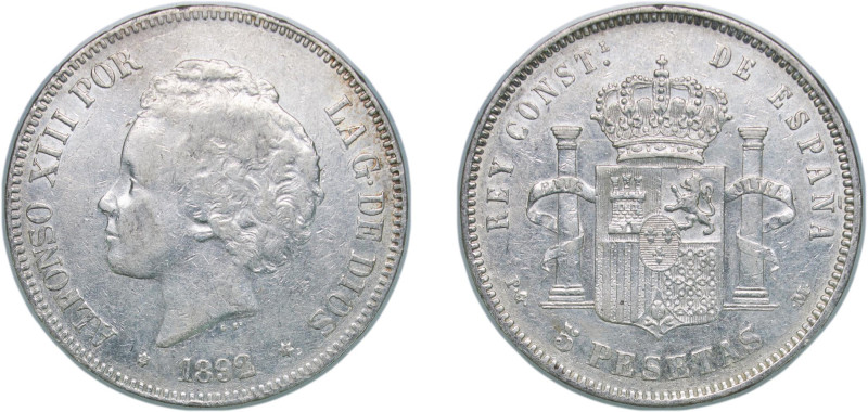 Spain Kingdom 1892 *18-92 PGM 5 Pesetas - Alfonso XIII (2nd portrait) Silver (.9...