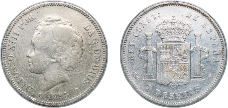 Spain Kingdom 1893 PGV 5 Pesetas - Alfonso XIII (2nd portrait) Silver (.900) Mad...