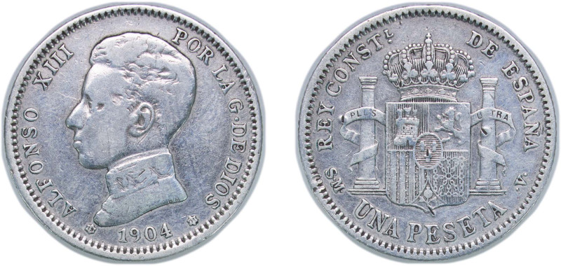 Spain Kingdom 1904 *19-04 SMV 1 Peseta - Alfonso XIII (4th portrait) Silver (.83...