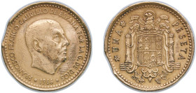 Spain Kingdom 1966 *19-69 1 Peseta - Francisco Franco Aluminium bronze Madrid Mint (120000000) 3.39g XF Mint Error Curved Clips KM 796 Schön 33