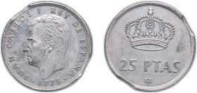 Spain Kingdom 1975 *77 25 Pesetas - Juan Carlos I Copper-nickel Madrid Mint (46690000) 8.5g UNC Mint Error Curved Clips KM 808 Schön 41
