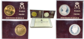 Spain Kingdom 1988 M Medal - Juan Carlos I (Carlos III Bicentennial, 2 Coins Silver & Brass) Madrid Mint UNC