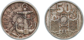 Spain Nationalist Government 1949 *19-51 50 Centimos (Arrows up) Copper-nickel Madrid Mint 4.37g XF Mint error without hole central KM 777
