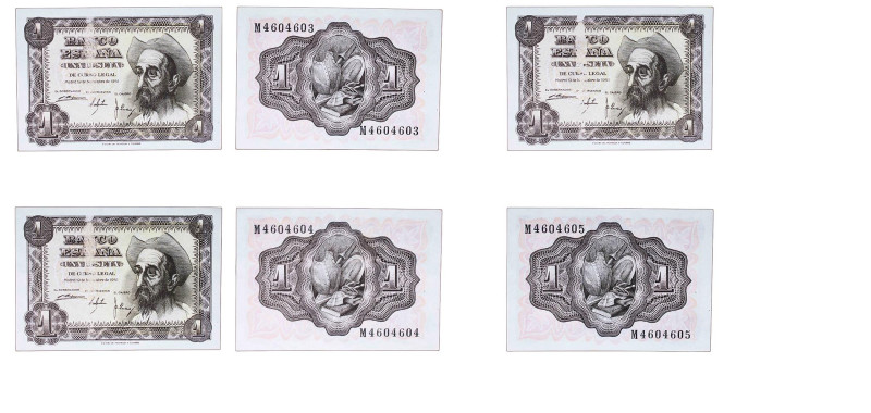 Spain Nationalist Government 1951 1 Peseta 3 correlative Trio Serie M Paper UNC ...