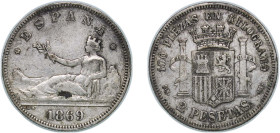 Spain Provisional Government 1869 *18-?9 SNM 2 Pesetas Silver (.835) Madrid Mint 9.92g VF KM 654
