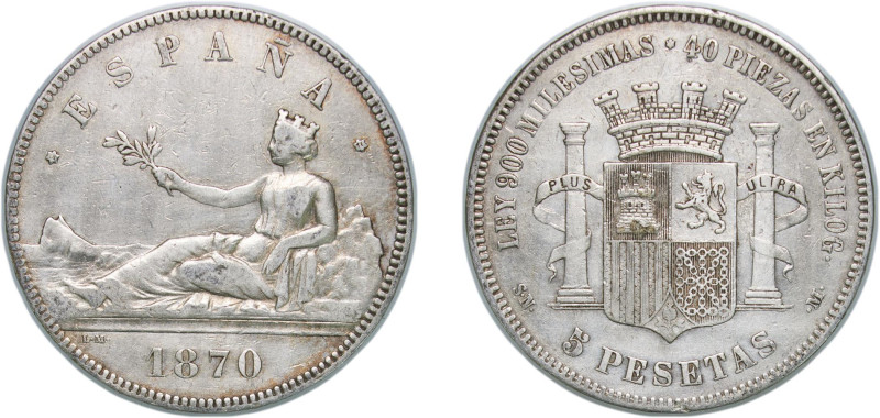 Spain Provisional Government 1870 *18-70 SNM 5 Pesetas Silver (.900) Madrid Mint...