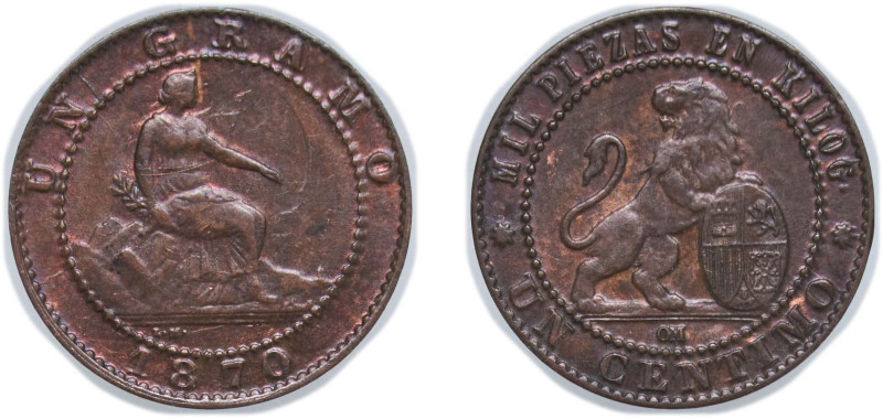 Spain Provisional Government 1870 OM 1 Centimo Bronze Barcelona Mint (169890697)...