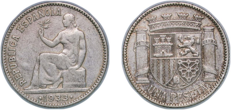 Spain Second Republic 1933 *3-4 1 Peseta Silver (.835) Madrid Mint (2000000) 4.8...