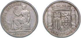 Spain Second Republic 1933 *3-4 1 Peseta Silver (.835) Madrid Mint (2000000) 4.89g XF KM 750