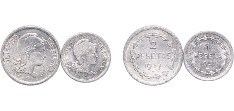 Spain Second Republic 1937 1 & 2 Pesetas Set (Euzkadi, 2 Lots) Nickel (2000000) ...