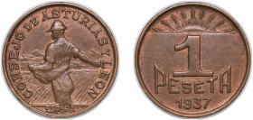 Spain Second Republic 1937 1 Peseta (Asturias and León) Copper (100000) 4.74g AU KM 2