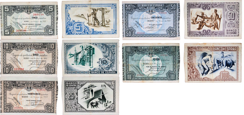 Spain Second Republic 1937 5/10/25/50/100 Pesetas Set (Banco de España - Bilbao)...