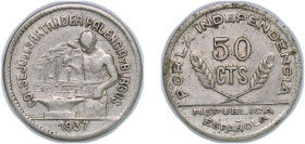 Spain Second Republic 1937 50 Centimos (Santander, Palencia y Burgos) Copper-nickel (100000) 2.59g XF KM 1.1 KM 1.2 Cal 17