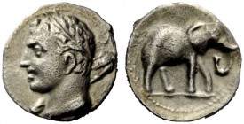 GREEK COINAGE 
 Iberia, Carthago Nova 
 Hispano-Carthaginian issues . Quarter shekel circa 221-206, AR 1.62 g. Laureate head (Melqart or Hannibal) l...
