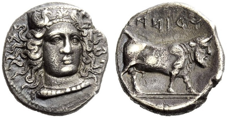 GREEK COINAGE 
 Campania, Hyria 
 Didrachm circa 405-385 BC, AR 7.06 g. Head o...